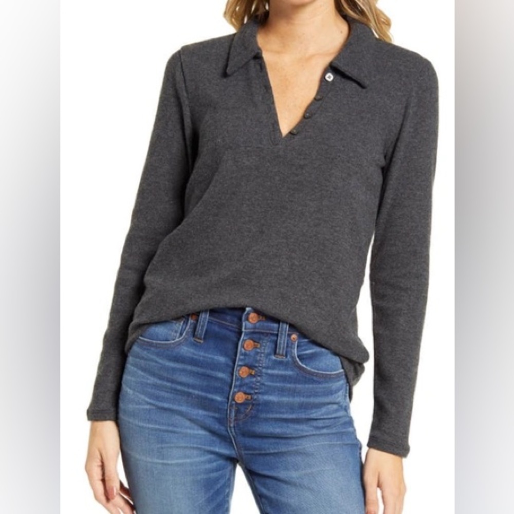 Madewell Plush Ribbed Polo Pullover Longsleeve Shirt Grey